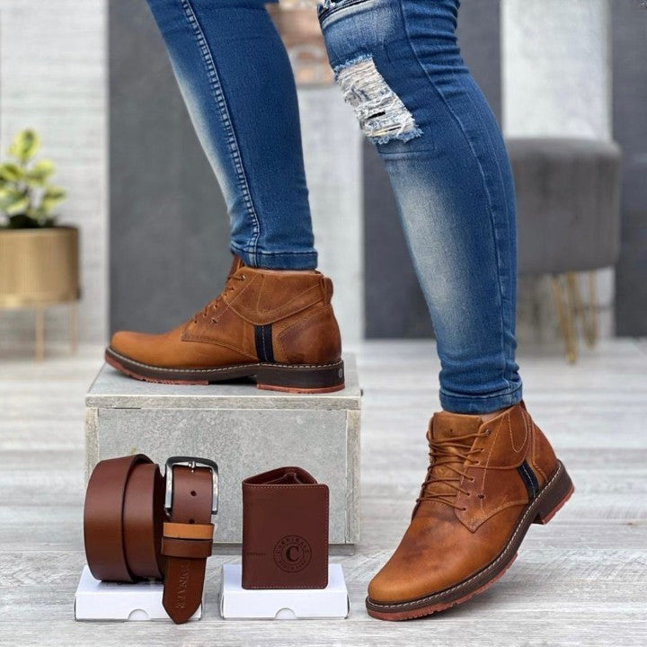 ✨ ELEGANCIA Y CALIDAD EN CADA PASO ✨ 💎 Combo Casual Caballero 100% Cuero – Zapatos, Cinturón y Billetera para el Hombre Sofisticado 💎